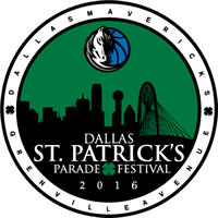 A logo of Dallas' Saint Patrick's Date Parade and Festival. Green background with a white rim.